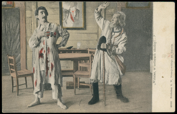 Pocztówka ze spektkaklu "Wesele" Stanisława Wyspiańskiego, 1901 r. Źródło: Stefan Wierusz Niemojowski