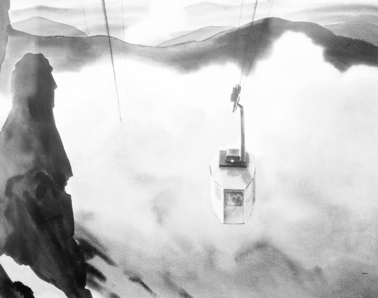 Fragment akwareli Rafała Malczewskiego "Kolejka na Kasprowy Wierch", 1937 r./Źródło: NAC