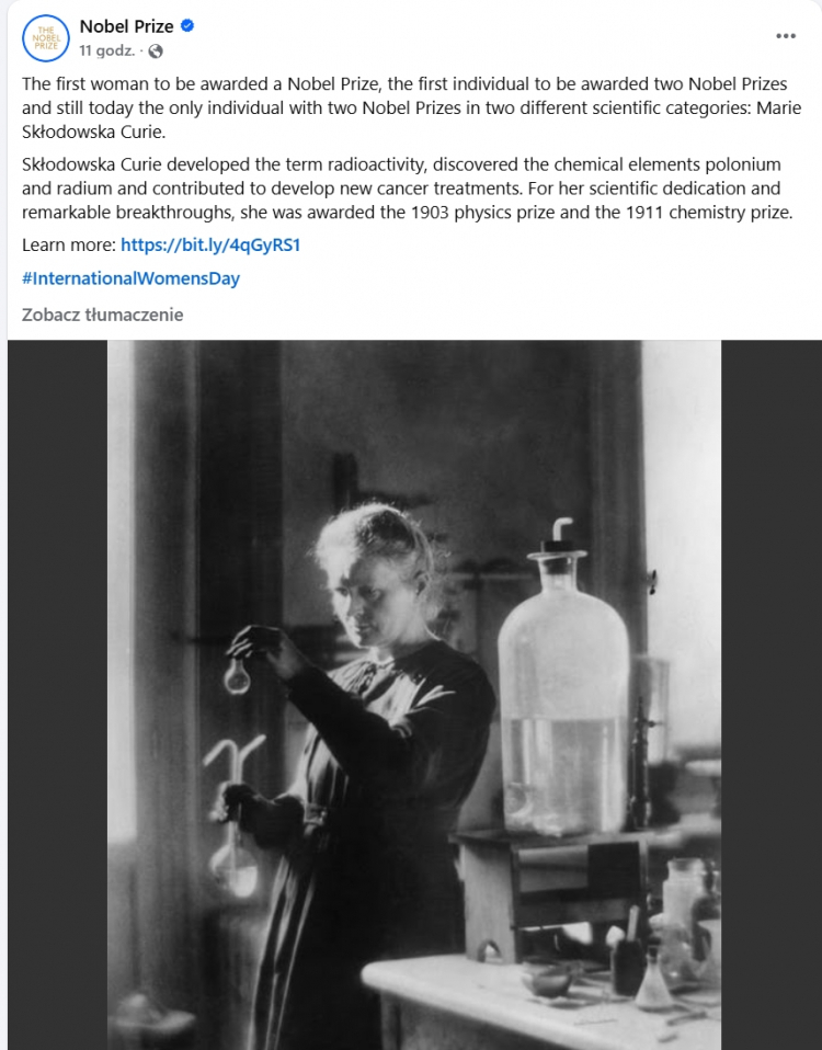 Strona Nagrody Nobla przypomina w Dniu Kobiet postać Marii Skłodowskiej-Curie