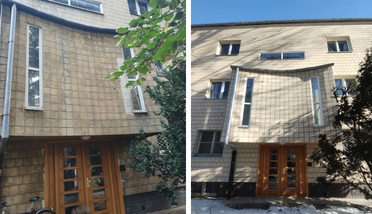 Kamienica u zbiegu ul. Paryskiej i Bajońskiej na Saskiej Kępie w Warszawie przed (z lewej) i po (z prawej) remoncie. Fot. BSKZ 