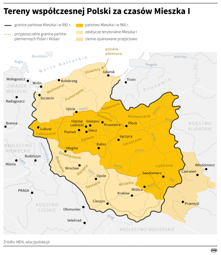 Państwo Polan za czasów Mieszka I. Infografika PAP/Mateusz Krymski