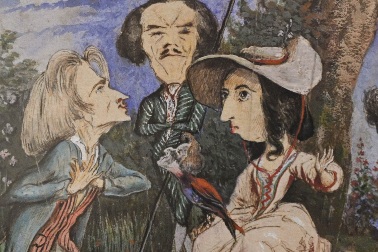 Obraz przedstawiający George Sand (P) trzymającą kolibra symbolizującego Fryderyka Chopina w Muzeum Fryderyka Chopina w Warszawie. Fot. PAP/Radek Pietruszka