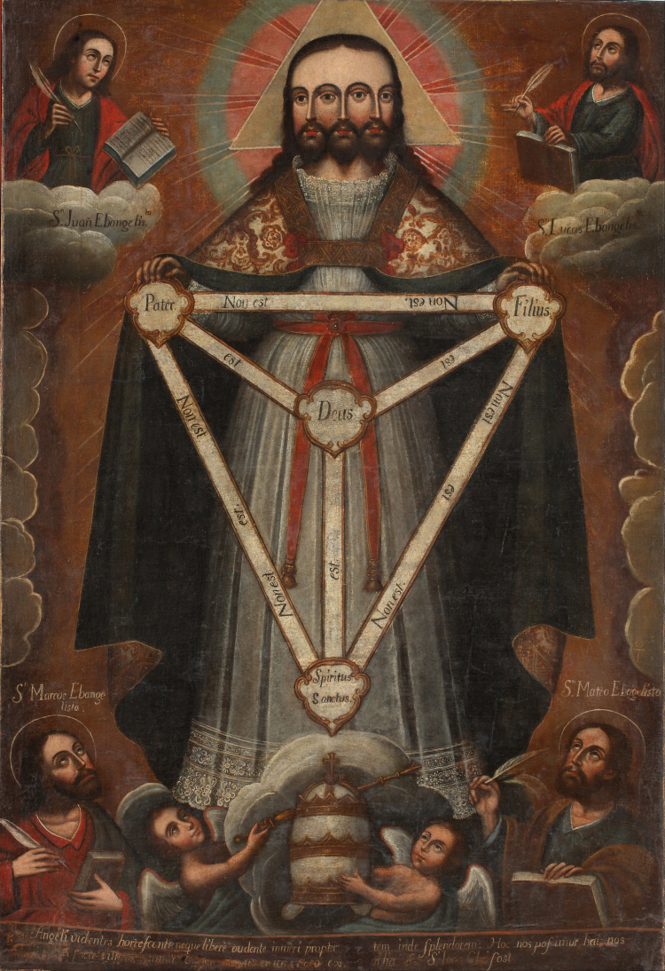 Anonimowy obraz katolicki z XVIII wieku z peruwiańskiej szkoły z Cuzco. Dzieło przedstawia Trójjedynego Boga Świętego. Źródło: Lima Art Museum, Public domain, via Wikimedia Commons