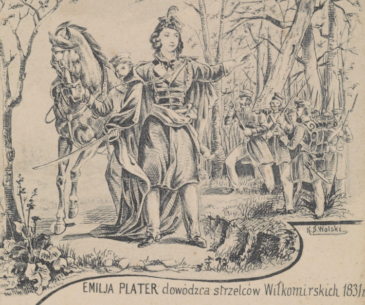 Fragment karty pocztowej "Bohaterki polskie : Emilia Plater dowódzca [!] strzelców Wiłkomirskich 1831 r." /polona.pl