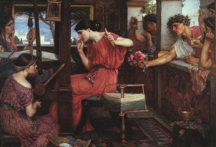 "Penelopa i zalotnicy" - obraz prerafaelity Johna Williama Waterhouse'a, 1912. Galeria Sztuki w Aberdeen. Źródło: John William Waterhouse, Public domain, via Wikimedia Commons