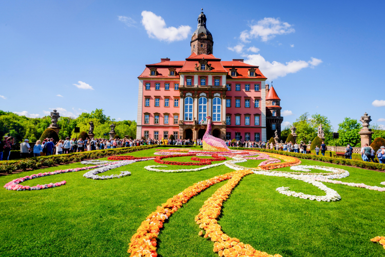 Kolejka turystów na XXXV Festiwal Kwiatów i Sztuki w Zamku Książ w Wałbrzychu 2025 r. Fot. PAP/Dariusz Gdesz