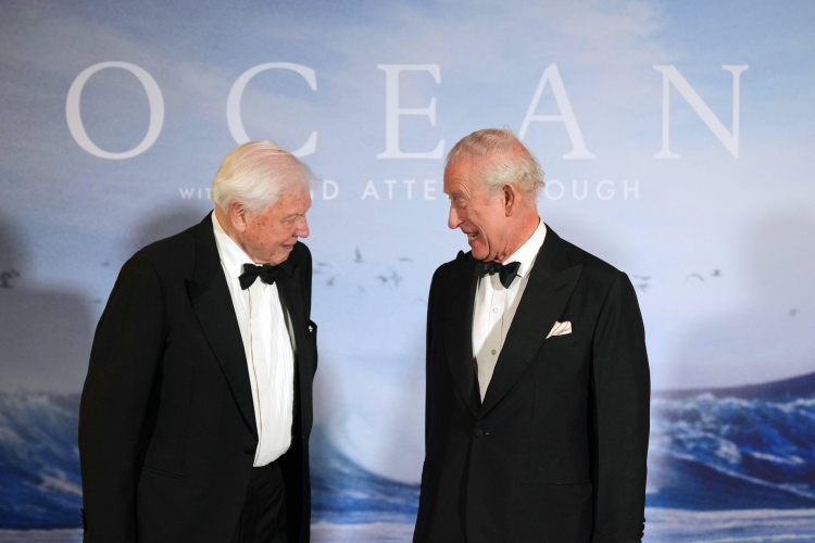 Król Karol III i David Attenborough w Londynie podczas środowej premiery filmu podróżnika pt. "Ocean". Fot. PAP/Avalon/Alastair Grant