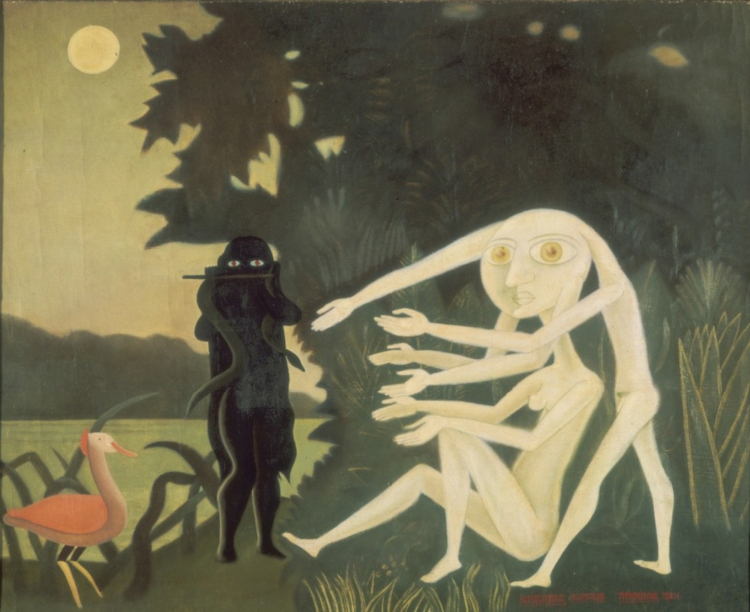Wystawa „Jesteś w sercu zmian. Surrealizm i antyfaszyzm” w Muzeum Sztuki Nowoczesnej w Warszawie poświęcona surrealizmowi - obraz Victora Braunera Spotkanie przy 2 BIS Rue Perrel. Fot. MSN