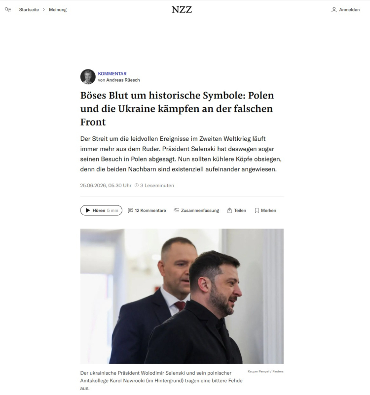 Artykuł Andreasa Rüescha: "Zła krew z powodu symboli historycznych: Polska i Ukraina walczą na niewłaściwym froncie"