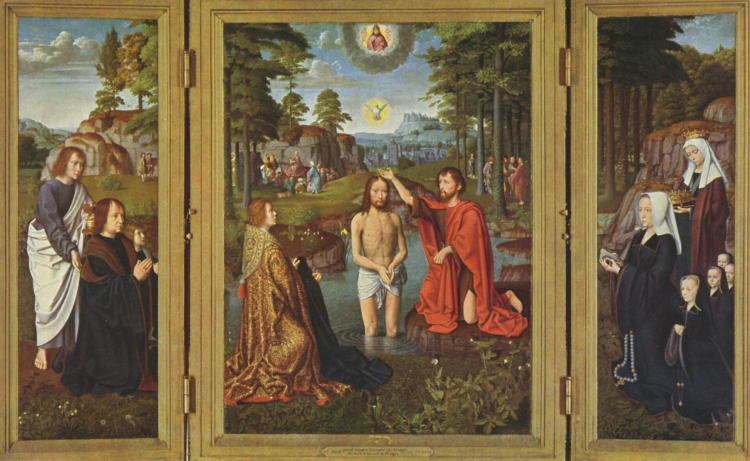 "Chrzest Chrystusa" – tryptyk niderlandzkiego malarza Gerarda Davida namalowany w latach 1502–1508. Źródło: Gerard David, Public domain, via Wikimedia Commons