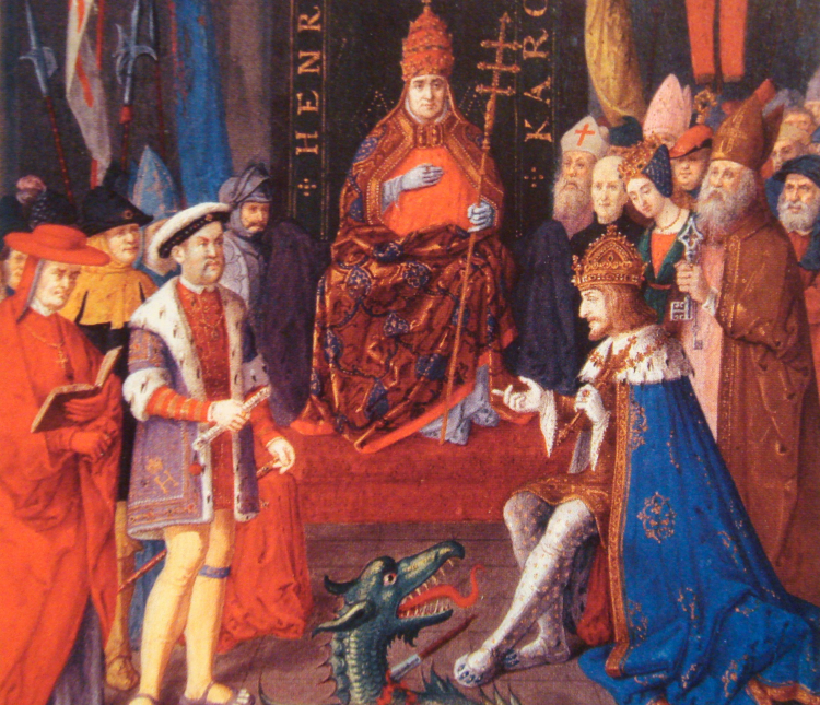 Król Henryk VIII (po lewej) z papieżem Leonem X (w środku) i cesarzem Karolem V (po prawej); obraz nieznanego artysty ok. 1520 / Źródło: en.wikipedia