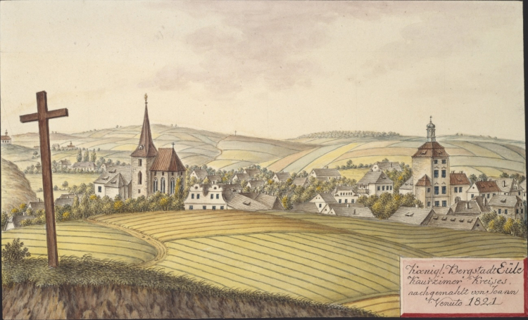 Jílové pod Pragą w 1821 r., rysunek Johanna Venuta. Źródło: Joann Venuto (1746-1833), Public domain, via Wikimedia Commons