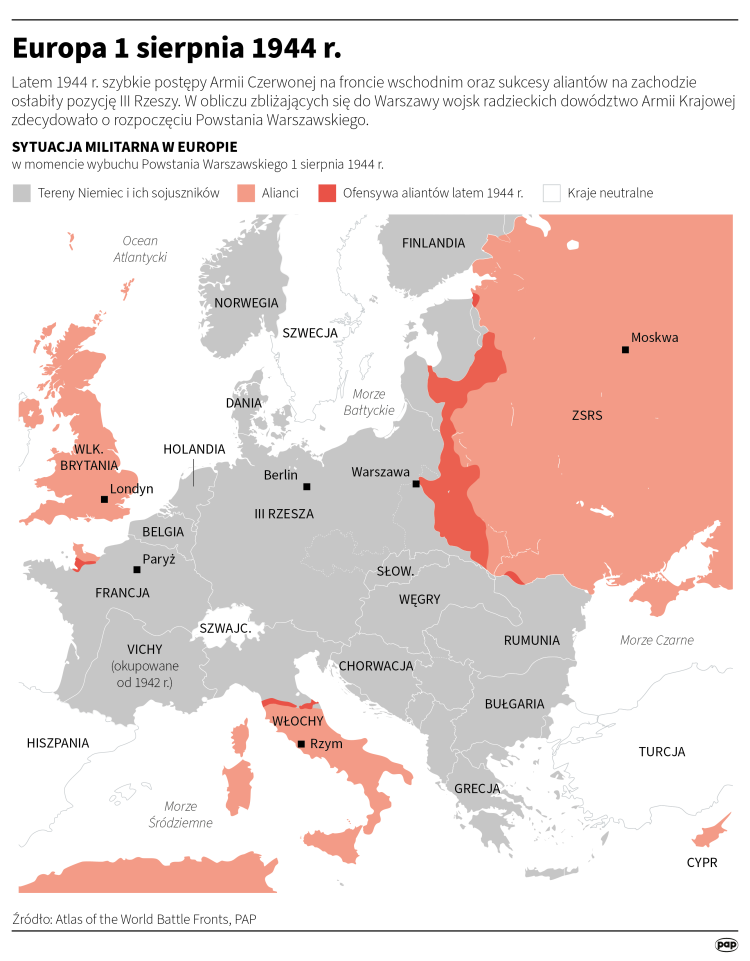 Europa 1 sierpnia 1944 r., w dniu wybuchu powstania warszawskiego. Oprac. Mateusz Krymski , Michał Czernek (PAP)