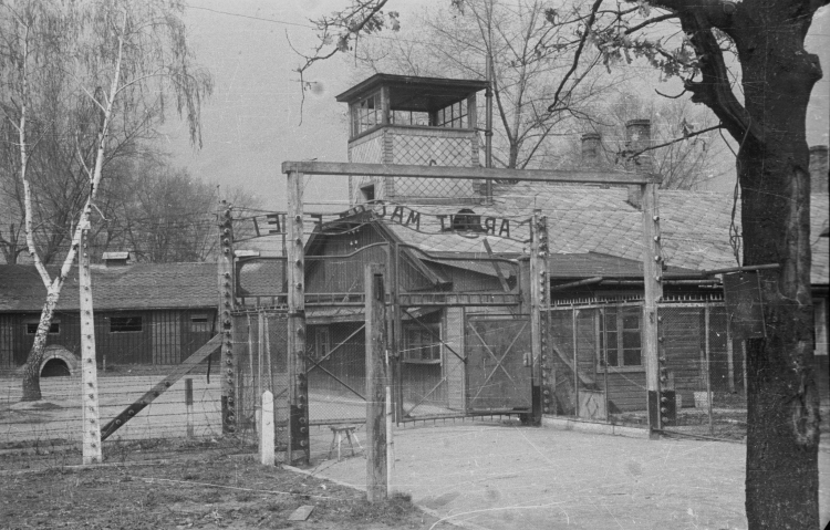 Oświęcim, 1947-04. Obóz koncentracyjny Auschwitz - Birkenau. Nz. brama wykonana w obozowej ślusarni z napisem: "Arbeit macht frei". Fot. PAP/Stanisław Dąbrowiecki 