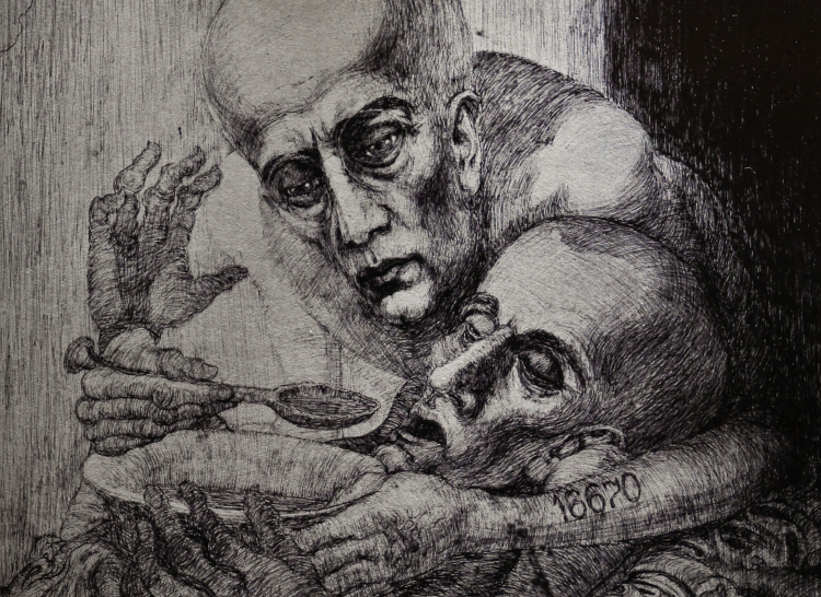 Rysunek Mariana Kołodzieja przedstawiający o. Maksymiliana Kolbe pt. "Kolbe ratuje" w Muzeum II Wojny Światowej w Gdańsku. Fot. PAP/Adam Warżawa