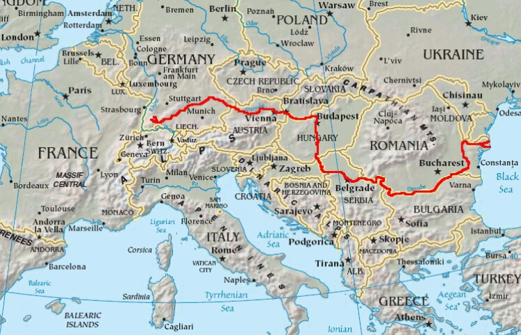 Dunaj na mapie Europy. Fot. Wikimedia Commons