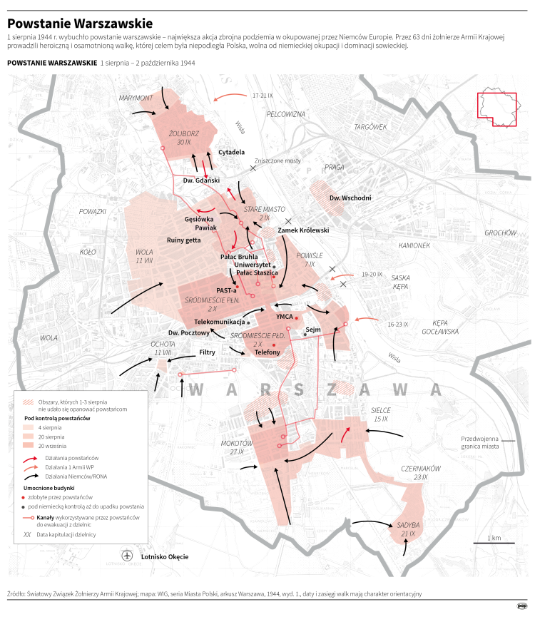 Powstanie Warszawskie. Infografika PAP/Adam Ziemienowicz, Maciej Zieliński