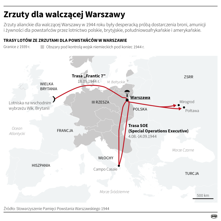 Zrzuty dla walczącej Warszawy. Infografika PAP/Maciej Zieliński, Adam Ziemienowicz, Mateusz Krymski