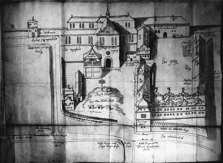 Kościół kolegiacki św. Ottona i zamek książęcy przed 1575 r. Fot. See page for author, Public domain, via Wikimedia Commons