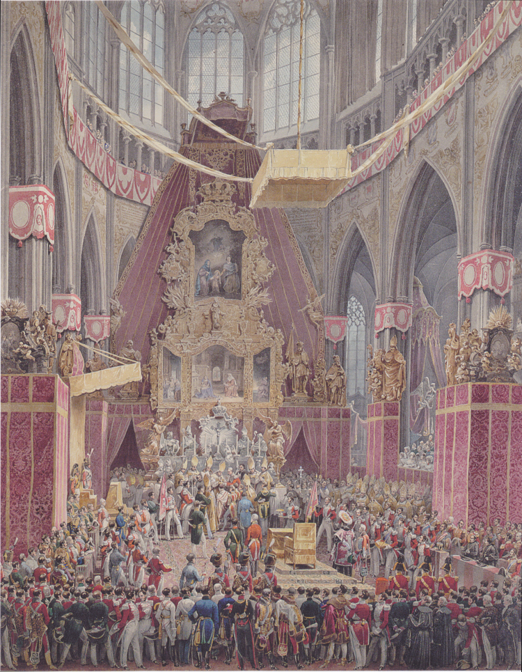 Koronacja cesarza Ferdynanda I na króla Czech w katedrze św. Wita w Pradze, 1836 r. Źródło: Eduard Gurk, Public domain, via Wikimedia Commons