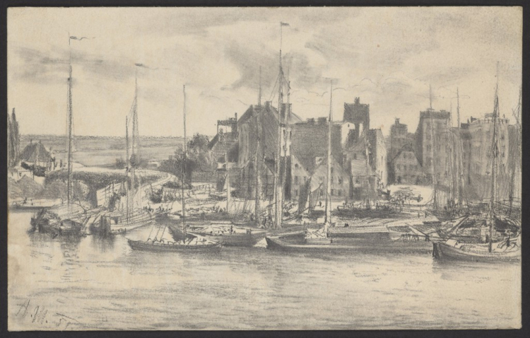 Adolph Menzel, Nadbrzeże portowe, 1851, ołówek, fiszorek, papier. Fot.  Muzeum Narodowe w Warszawie
