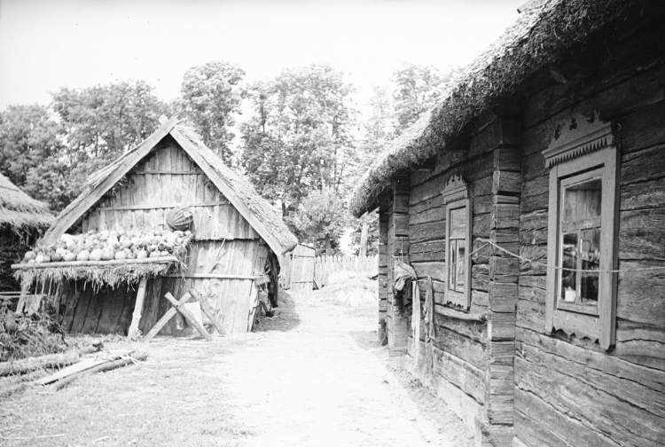 Chaty wiejskie. Dynie ułożone na przydaszku, 1936/NAC