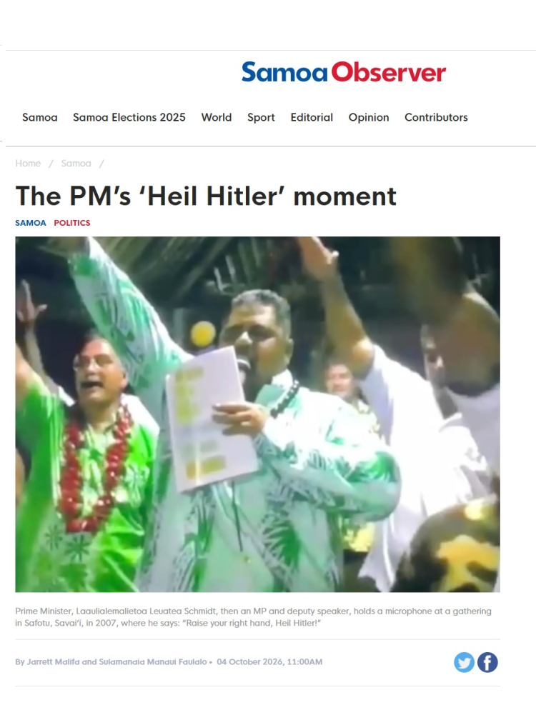 Premier Samoa przeprosił za nazistowski gest, uwieczniony na nagraniu sprzed 19 lat. Fot. "Samoa Observer"
